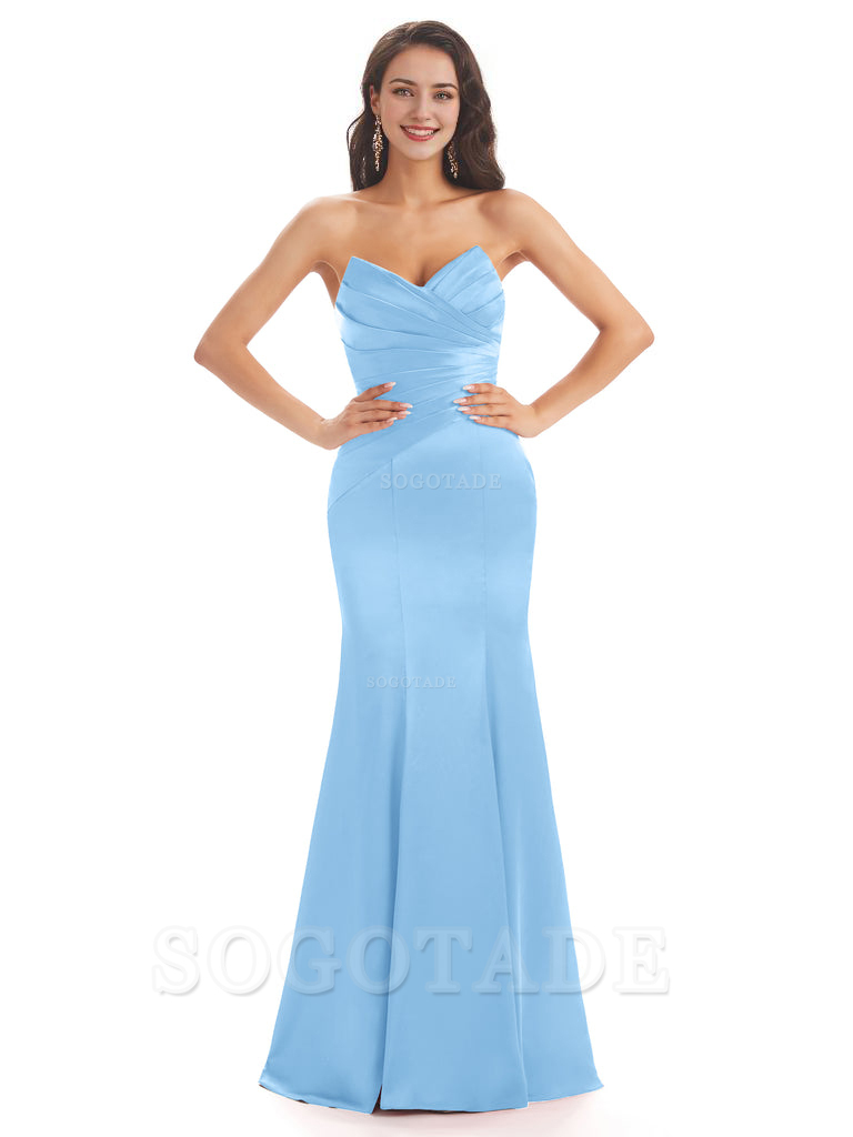 Simple Strapless Sweetheart Soft Satin Mermaid Long Bridesmaid Dresses prom shop dresses
