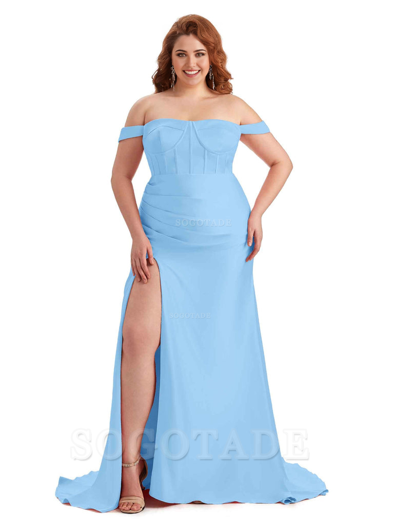 Elegant Off The Shoulder Side Slit Mermaid Soft Satin Floor Length Long Plus Size Bridesmaid Gowns