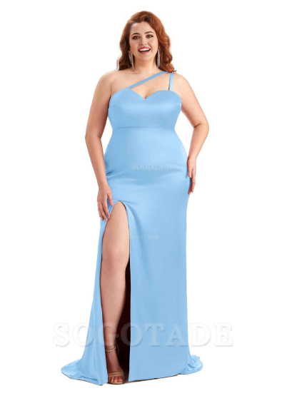 Sexy Side Slit Sleeveless Mermaid One Shoulder Soft Satin Long Plus Size Bridesmaid Dress For Wedding