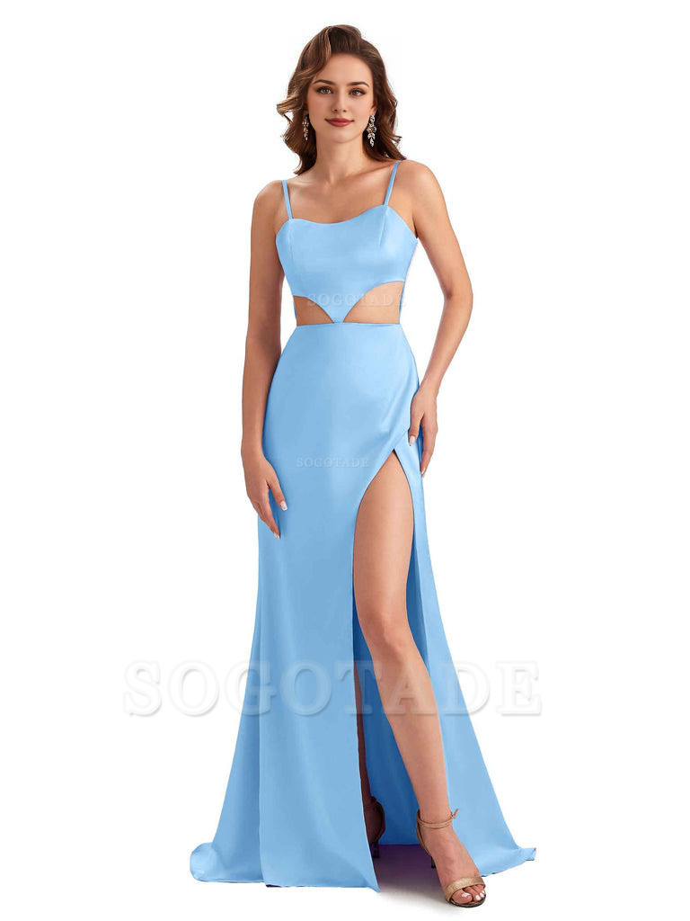Sexy Satin Side Slit Spaghetti Straps Mermaid Long Unique Curve Wedding Guest Dresses
