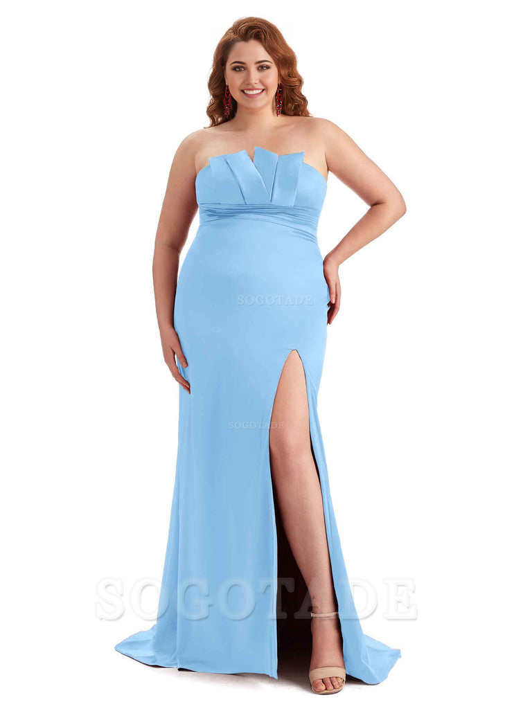 Sexy Side Slit Sleeveless Mermaid Soft Satin Long Plus Size Wedding Party Dresses For Wedding