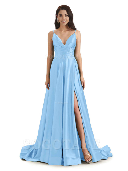 Spaghetti Straps Satin formal dresses evening gown Bridesmaid Dresses With Side Slit 