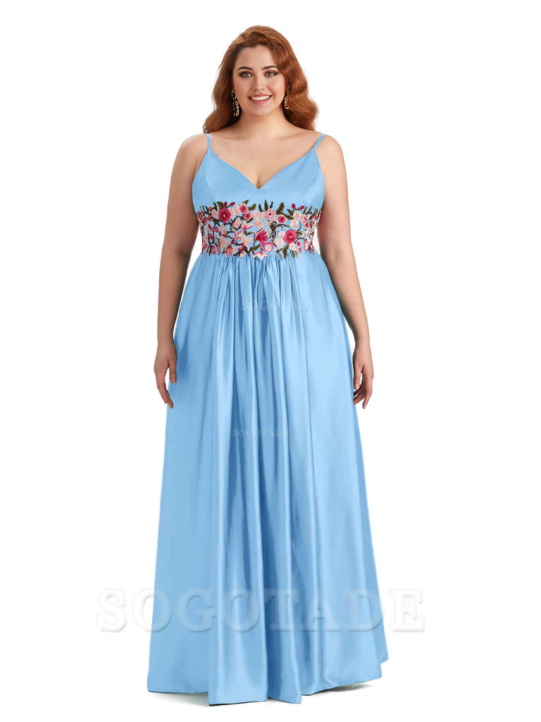 Unique Lace Spaghetti Straps Sleeveless Soft Satin Long Plus Size Bridesmaid Dress For Wedding