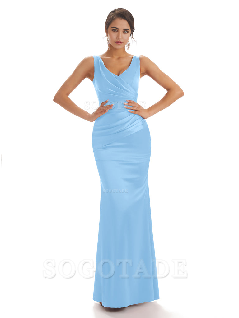 Sheath Sleeveless V-neck Floor-Length Satin formal dresses evening gown Bridesmaid Dresses With Pleats 