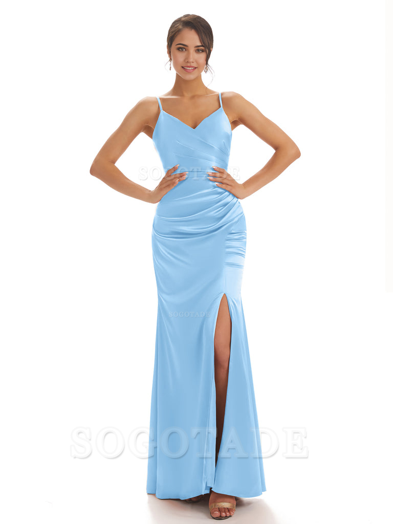 Spaghetti Straps Pleats Satin formal dresses evening gown Bridesmaid Dresses With Side Slit 