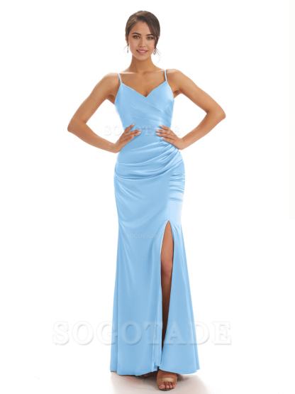 Spaghetti Straps Pleats Satin formal dresses evening gown Bridesmaid Dresses With Side Slit 