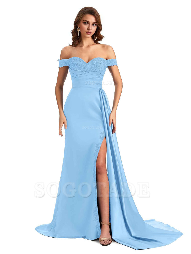 Sexy Off The Shoulder Mermaid Side Slit Silky Satin Long Bridesmaid Dress For Wedding