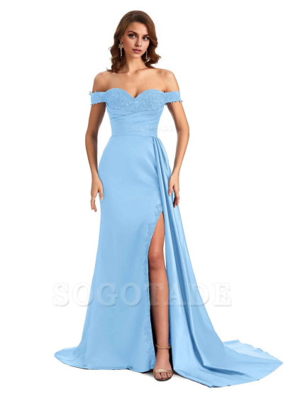 Sexy Off The Shoulder Mermaid Side Slit Silky Satin Long Bridesmaid Dress For Wedding