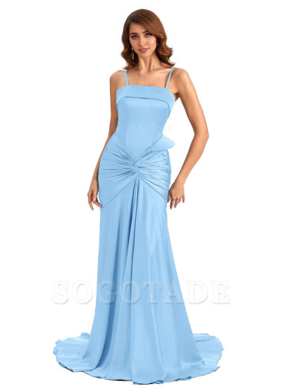 Sexy Mermaid Spaghetti Straps Silky Satin Unique Long Bridesmaid Dress For Wedding