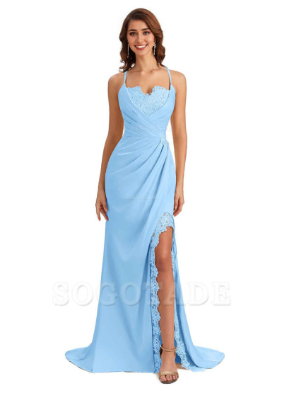 Sexy Side Slit Spaghetti Straps Lace Mermaid Silky Satin Wedding Guest Dresses