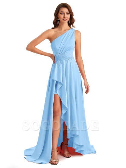 Sexy One Shoulder A-Line High Low Silky Satin Lace Long Formal Wedding Guest Dresses