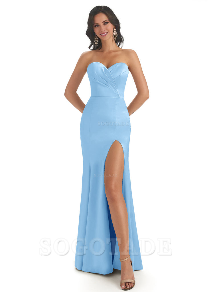 Simple Soft Satin Side Slit Sweetheart Long Mermaid Bridesmaid Dresses Elegant Evening Party Dress