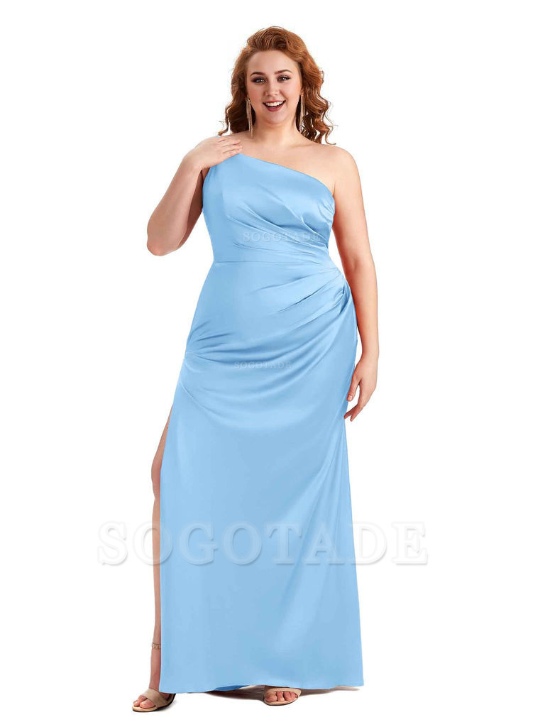 Sexy Side Slit One Shoulder Mermaid Soft Satin Long Plus Size Maid of Honour Dresses