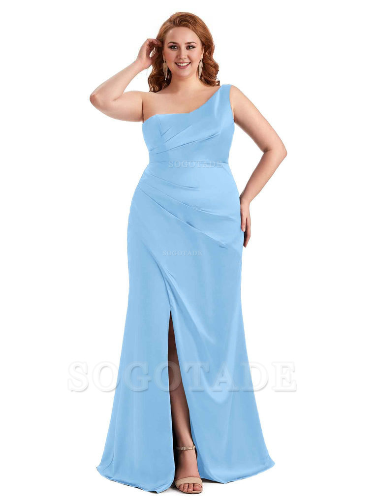 Sexy Side Slit One Shoulder Mermaid Long Plus Size Satin Maxi Dresses