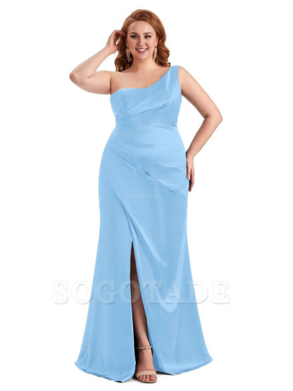 Sexy Side Slit One Shoulder Mermaid Long Plus Size Satin Maxi Dresses