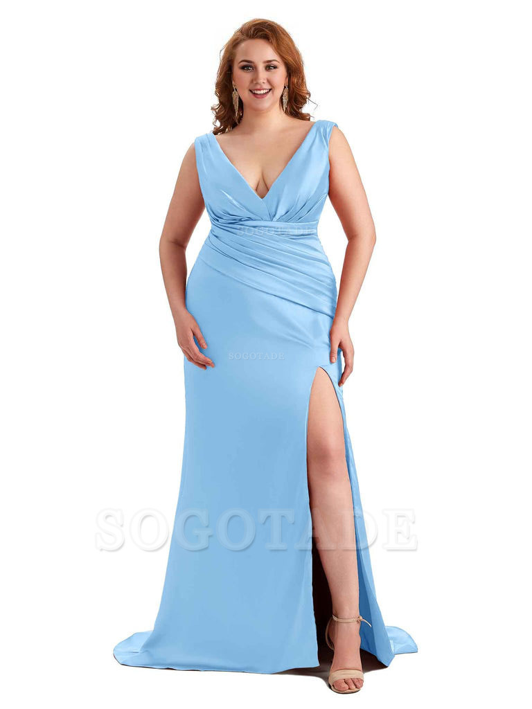 Elegant V-neck Side Slit Mermaid Soft Satin Long Plus Size Bridesmaid Dress For Wedding