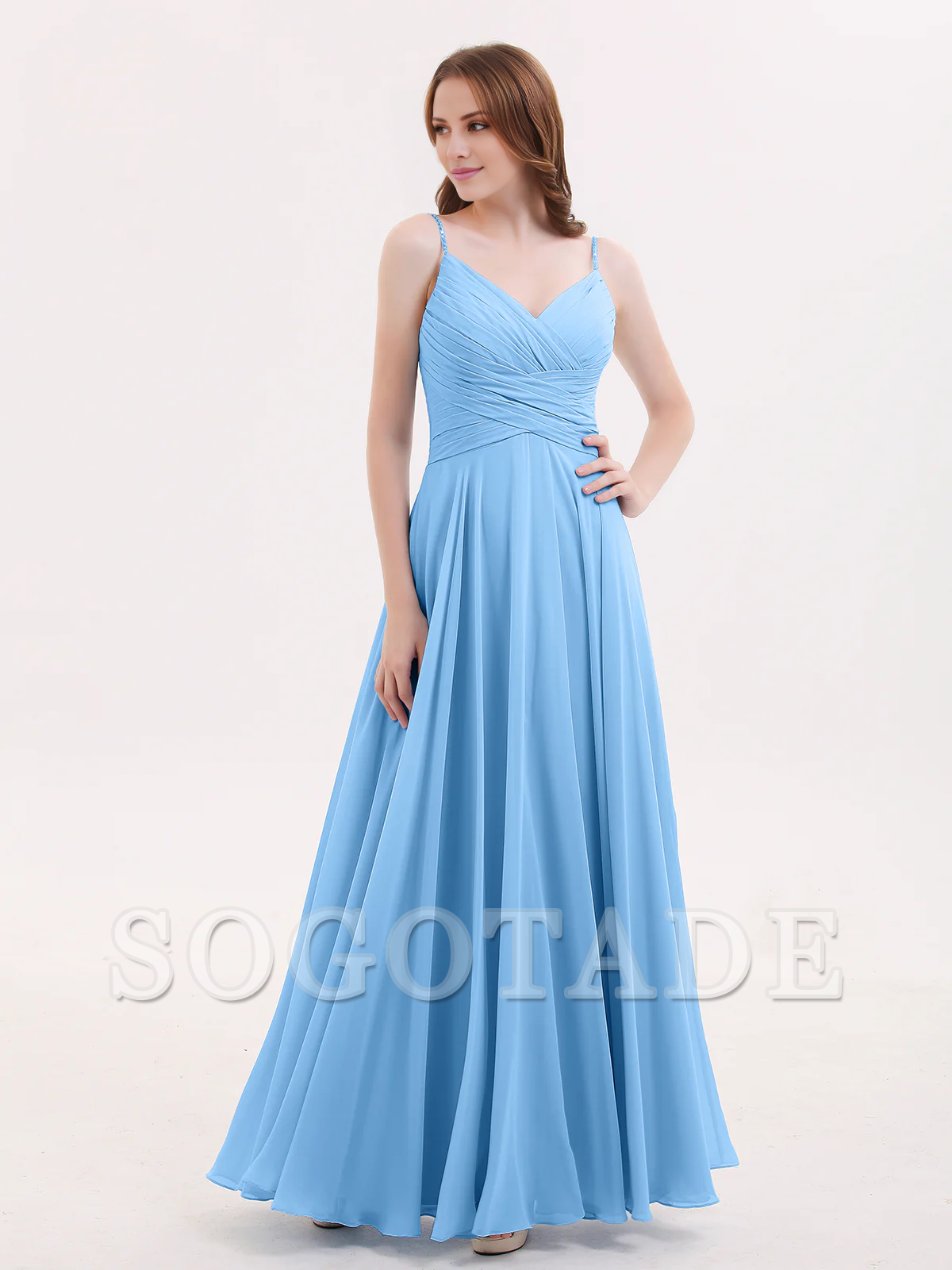 V-neck Fine Shoulder Strap Floor Length Chiffon Bridesmaid Dresses Online