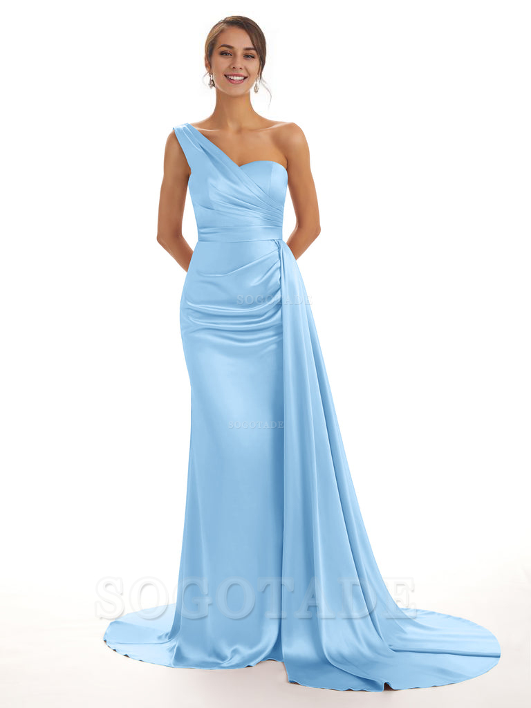 Elegant One Shoulder Soft Satin Unique Mermaid Long Bridesmaid Dresses Online prom dresses shops