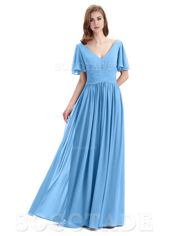 A-Line Chiffon Short Sleeves Elegant Floor-Length Bridesmaid Dresses Formal Women's Dresses Wedding Guests Dresses