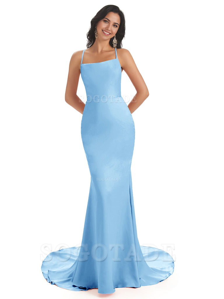 Mermaid Spaghetti Backless Straps Satin Long formal dresses evening gown Bridesmaid Dresses