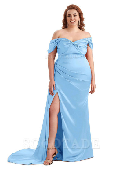  Sexy Side Slit Off The Shoulder Mermaid Soft Satin Long Plus Size Bridesmaid Dress For Wedding