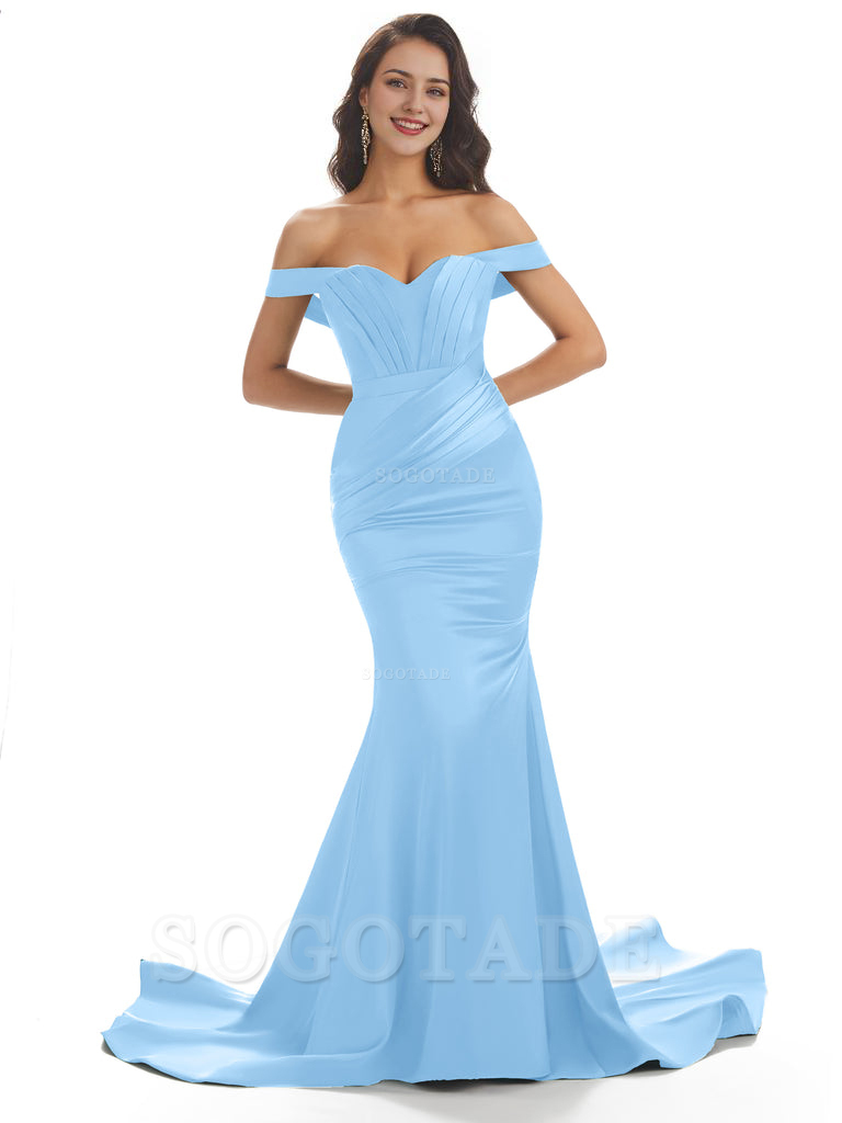 Sexy Mermaid Off The Shoulder Floor-Length Long Soft Satin Bridesmaid Dresses Online prom shop dresses