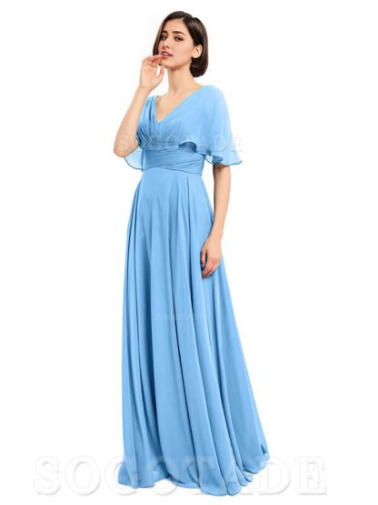  V-Neck Cap Sleeves Sleeves Chiffon Long Elegant Bridesmaid Dresses Formal Wear Dresses