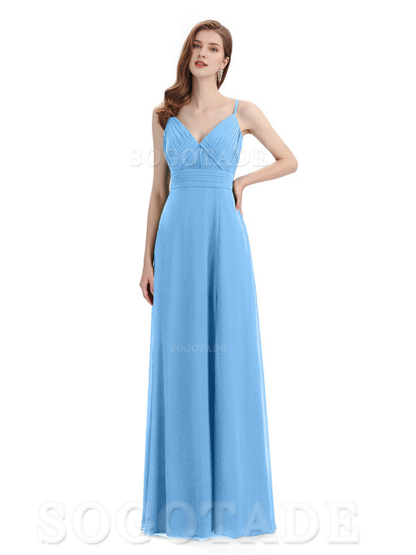 Chiffon V-Neck Spaghetti Strap Floor-Length Side Fork Long Bridesmaid 