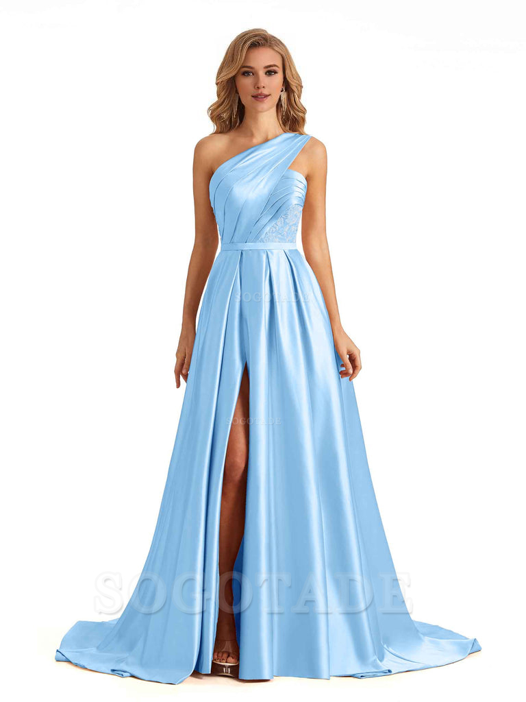 Sexy Side Slit One Shoulder A-Line Soft Satin Long Bridesmaid Dresses Online prom dress in store