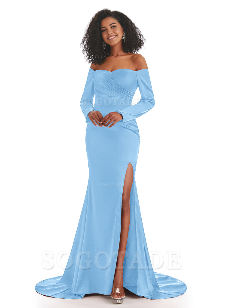 Mermaid Long Sleeve Satin formal dresses evening gown Bridesmaid Dresses With Side Slit 