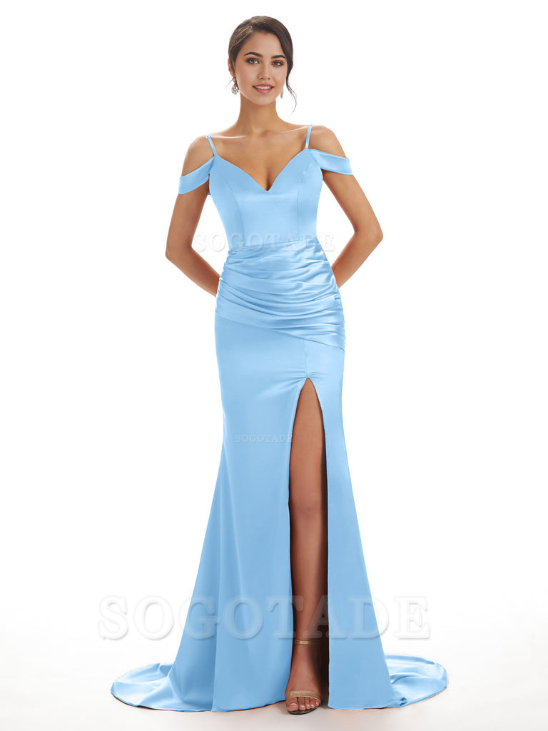 Mermaid Off The Shoulder Satin formal dresses evening gown Bridesmaid Dresses With Side Slit 
