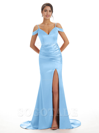 Mermaid Off The Shoulder Satin formal dresses evening gown Bridesmaid Dresses With Side Slit 