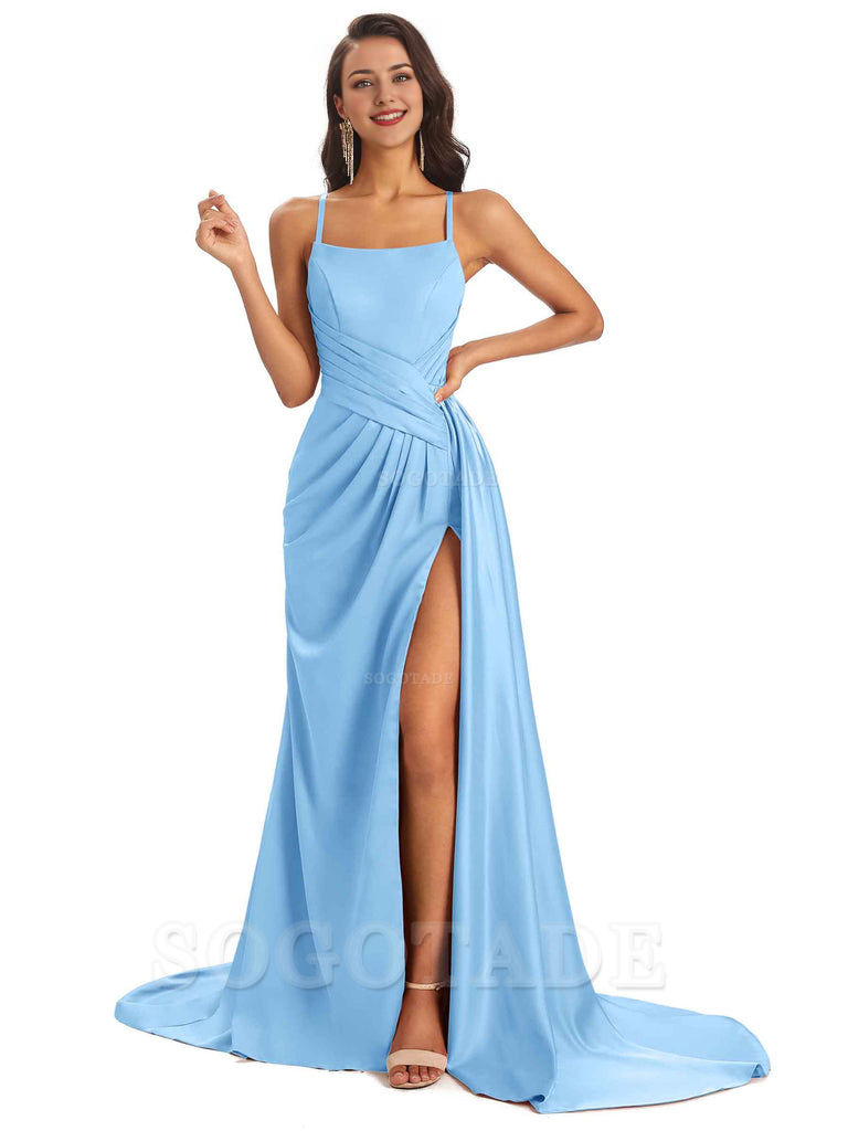 Sexy Soft Satin Side Slit Spaghetti Straps Long Maxi Bridesmaid Dresses prom shop dresses