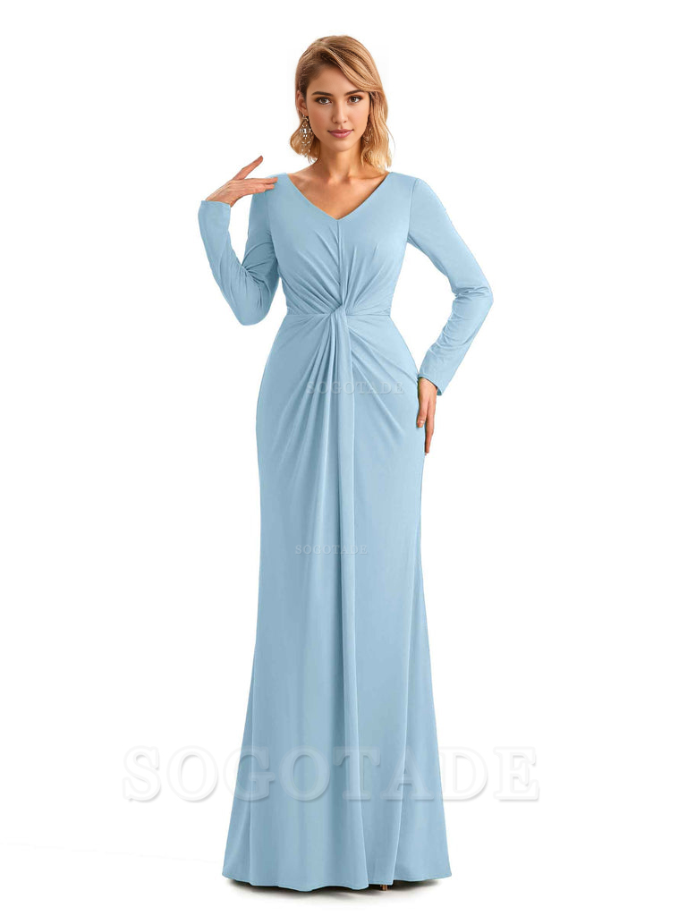 Elegant Simple Mermaid Pleats V-neck Long-Sleeves Floor Length Long Formal Bridesmaid Dresses