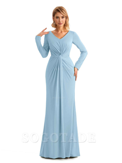 Elegant Simple Mermaid Pleats V-neck Long-Sleeves Floor Length Long Formal Bridesmaid Dresses