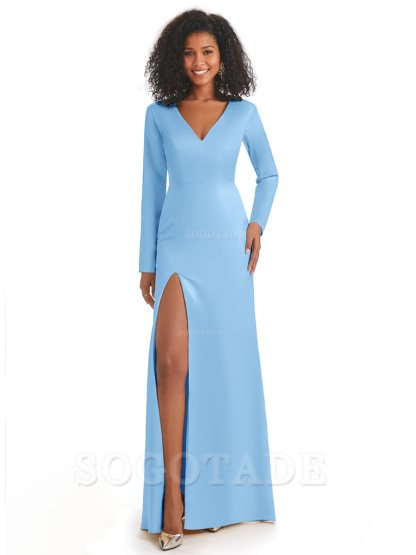 Soft Satin Side Slit Long Sleeves V-Neck Long African Mermaid Bridesmaid Dresses Elegant Evening Party Dress