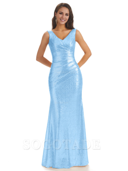 Sexy Sequin V-Neck Sparkly Long Mermaid Bridesmaid Dresses Charming Evening Party Dress