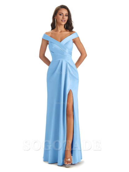 Sexy Soft Side Slit Off Shoulder V-Neck Long Satin Ladies Bridesmaid Dresses Elegant Evening Party Dress