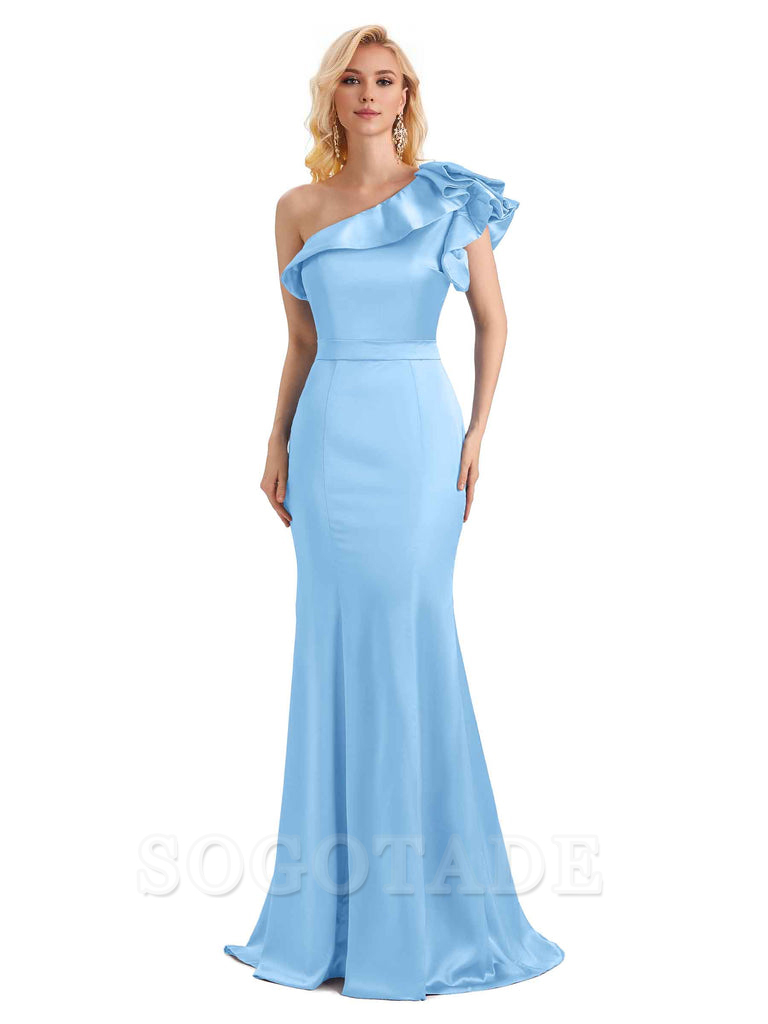 One Shoulder Long Mermaid Bridesmaid Dresses Satin Evening Party Dress