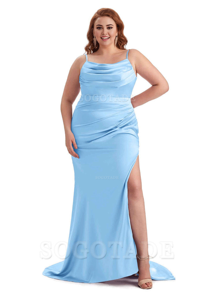 Sexy Jewel Side Slit Mermaid Soft Satin Long Plus Size Bridesmaid Dress For Wedding