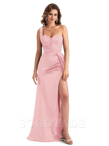 Sexy Mermaid Silky Satin Side Slit One Shoulder Unique Long Wedding Guest Dresses