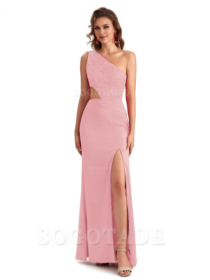 Sexy Side Slit Mermaid Lace Silky Satin One Shoulder Chic Long Bridesmaid Dresses