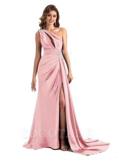 Sexy Side Slit Mermaid Soft Satin One Shoulder Lace Long Modern Bridesmaid Dresses