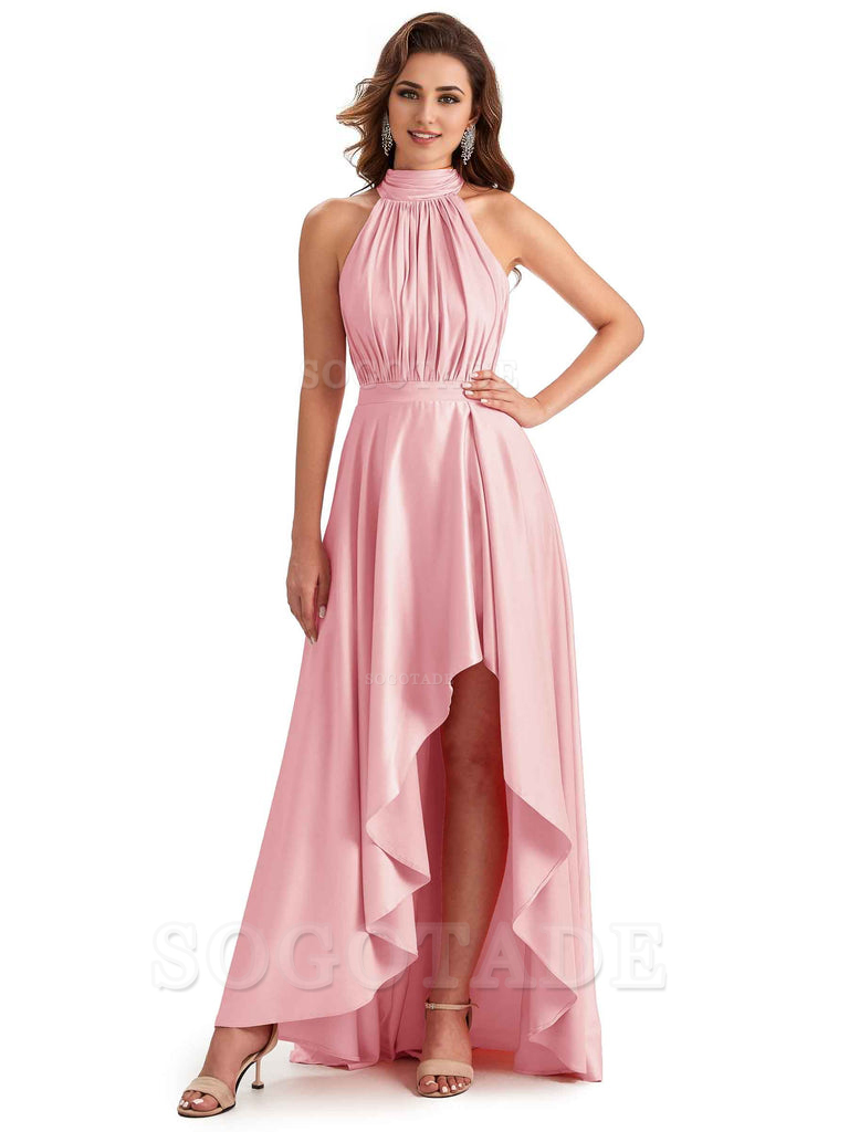 Soft Satin High Neck High Low A-Line Unique Bridesmaid Dresses Online