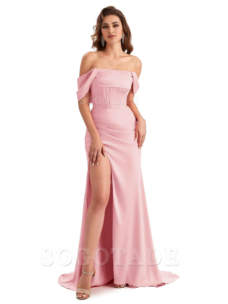 Sexy Side Slit Mermaid Soft Satin Off The Shoulder Unique Long Wedding Attendee Dresses