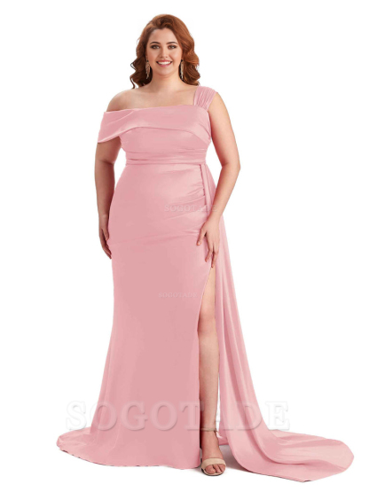 Sexy Side Hight Slit One Shoulder Mermaid Soft Satin Long Plus Size With Train Matron of Honor Dresses