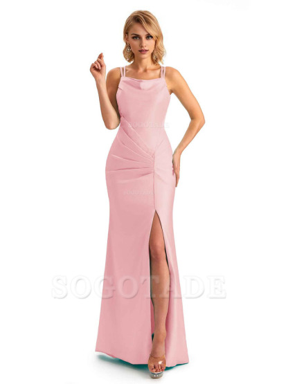 Soft Satin Spaghetti Straps Side Slit Long Unique Mermaid Beautiful Dresses For Wedding