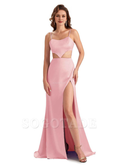Sexy Satin Side Slit Spaghetti Straps Mermaid Long Unique Curve Wedding Guest Dresses