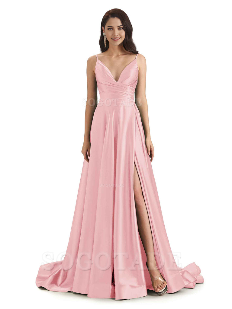 Spaghetti Straps Satin formal dresses evening gown Bridesmaid Dresses With Side Slit 