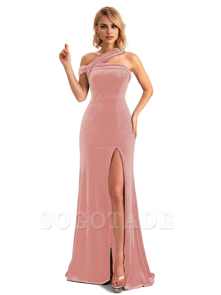Sexy Mermaid Asymmetric Velvet Side Slit Long Bridesmaid Dresses